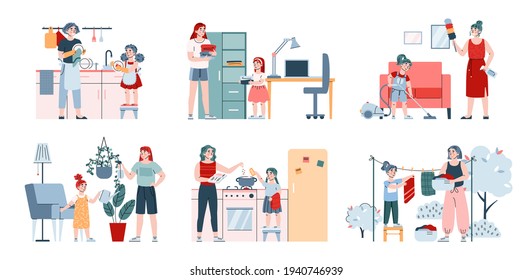 Mother and daughter busy with housework, cartoon vector illustration isolated.