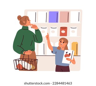 Madre e hija comprando en una tienda de comestibles, eligiendo comida en las estanterías durante las compras con la canasta de los clientes. Niño feliz pidiendo a mamá que compre un producto. Ilustración vectorial plana aislada en fondo blanco