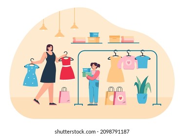 Mother and daughter buying dress for baby wardrobe on sales. Happy girl choosing clothes in store or shopping mall, child holding gift boxes flat vector illustration. Kids fashion, family concept