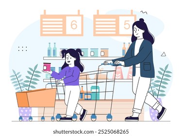 Mãe e filha comprando compras. Mulher e menina na mercearia. Carrinho de compras com produtos frescos naturais e orgânicos. Ilustração de vetor linear isolada no plano de fundo branco