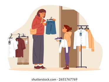 Mãe e filha comprando uniforme escolar juntos na ilustração vetor plana loja. Mulher em choque por causa do preço das roupas escolares.