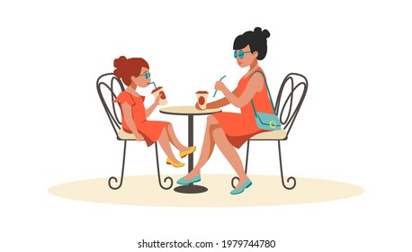 Mother and daughter in cafe. Cartoon woman with child spend time together. Mom and girl drinking beverages in restaurant. People sitting at table outdoor. Vector family summer recreation
