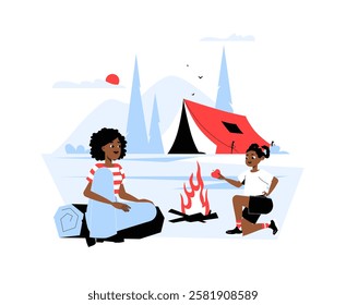 Mother And Daughter Camping By A Campfire, Flat Vector Illustration Symbolizing Outdoor Adventure, Family Bonding, Nature Exploration, And Travel, Isolated On White Background