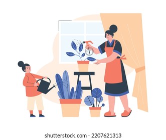 Mother and daughter care of indoor plants. Houseplant care hobby and family housekeeping chores, flat cartoon vector illustration isolated on white background.