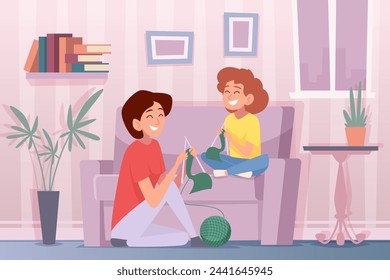 Mother and daughter. Cartoon background illustration happy girls in family mother with daughter making homework exact vector picture