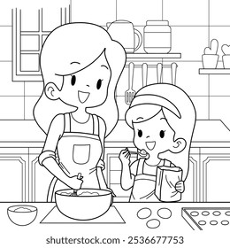 mother and daughter cartoon cooking bakery coloring vector isolated on white background