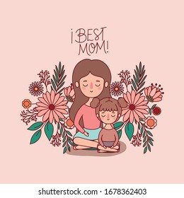 Mother and daughter cartoon with flowers and leaves design, happy mothers day love relationship decoration celebration greeting and invitation theme Vector illustration