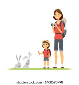 Mother and daughter - cartoon people characters illustration on white background. Young parent and a girl standing with backpacks, feeding rabbits with carrots, taking pictures. Leisure concept