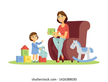 Mother and daughter - cartoon people characters illustration on white background. Young parent sitting in a sofa, showing abc cubes to her child, playing with toys together. Happy family concept