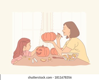 Mother and daughter carve pumpkin lanterns for Halloween. Parents, children, family, holiday surrounded by loved ones. Flat vector illustration