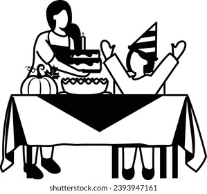 Mother and Daughter Celebrating together concept, single mother presenting the Cake vector icon design, Thanksgiving Day symbol, family reunion sign, Annual proclamations and observances illustration