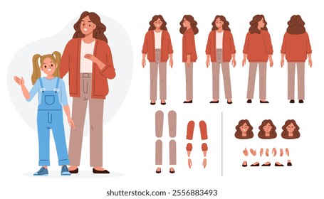 Mother with daughter characters. Constructor for animation. Front, side and back view set. Body parts, postures, poses collection. Vector illustration.