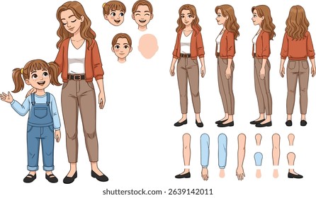 Mother with daughter characters. Constructor for animation. Front, side and back view set. Body parts, postures, poses collection.