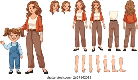 Mother with daughter characters. Constructor for animation. Front, side and back view set. Body parts, postures, poses collection.