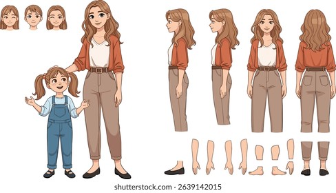 Mother with daughter characters. Constructor for animation. Front, side and back view set. Body parts, postures, poses collection.