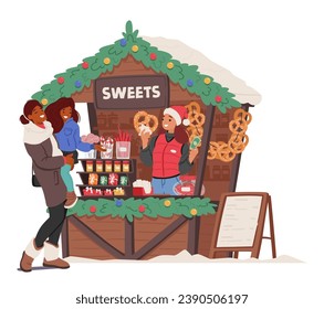 Mother and Daughter Characters Gather At The Christmas Fair Stall With Saleswoman selling Colorful Sweets, Their Faces Lit With Delight As They Select Sugary Treats. Cartoon People Vector Illustration