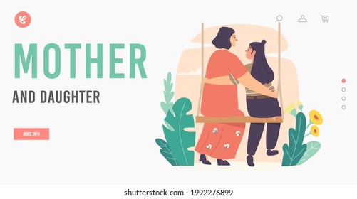 Mother and Daughter Characters Landing Page Template. Mom and Girl Embrace Sitting on Swing. Mothers Day Concept. Loving Mom Hugging Child on Seesaw Rear View. Cartoon People Vector Illustration