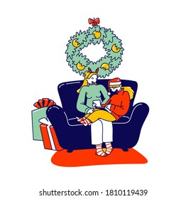 Mother and Daughter Characters Sitting on Couch Writing Letter to Santa Claus Asking Gifts for Christmas Holidays. Festive Season Tradition, Happiness, Xmas Joy. Linear People Vector Illustration