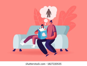 Mother and Daughter Characters Sitting on Couch at Home Reading Book about Fantasy Fairy tale Yeti or Bigfoot Legendary Monster Living in Tibetan Rocks or Forest. Cartoon People Vector Illustration