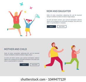 Mother and daughter child, web set with title and text sample, mother and daughter page collection vector illustration isolated on white background