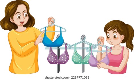 Mother and daughter choosing a bra during puberty illustration