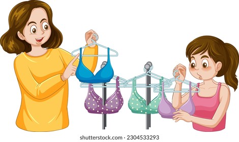 Mother and daughter choosing a bra during puberty illustration