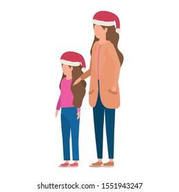 mother and daughter with christmas hats characters vector illustration design