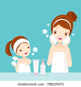 Mother And Daughter Cleaning And Care Her Face, Facial, Beauty, Cosmetic, Makeup, Healthy, Body, Spa, Skin