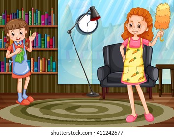 Mother and daughter cleaning at home