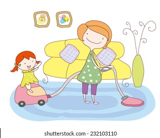  Mother and daughter are cleaning house