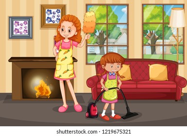 Mother and daughter cleaning house illustration