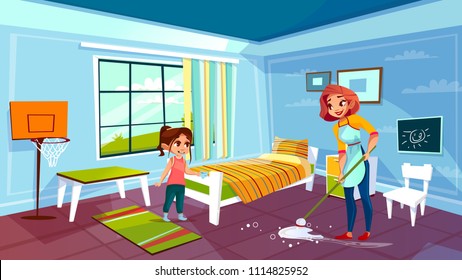 Mother And Daughter Cleaning Room Vector Illustration Of Woman Together With Girl Help Mopping Or Wiping Floor From Spilled Water. Flat Cartoon Modern Kid Bedroom With Bed And Furniture