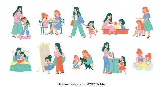 Mother and daughter color set of isolated compositions with characters of adult mom and baby child vector illustration