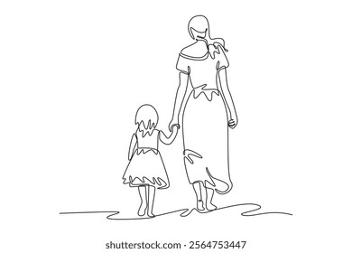 Mother and daughter concept. Single line draw design vector graphic illustration.	
