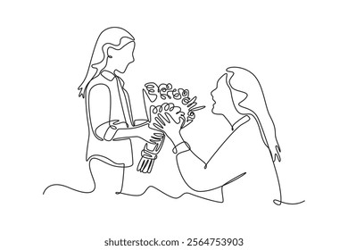 Mother and daughter concept. Single line draw design vector graphic illustration.	