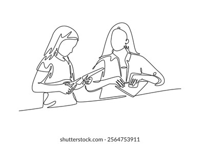 Mother and daughter concept. Single line draw design vector graphic illustration.	