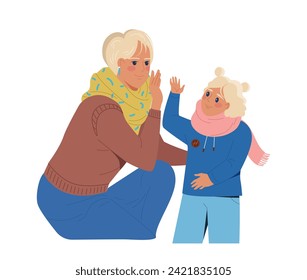 Mother with daughter concept. Woman with young girl. Care about child. Love for kid. Graphic element for website. Cartoon flat vector illustration isolated on white background