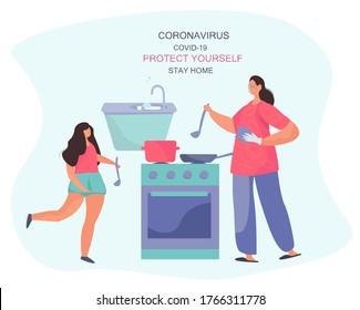Mother and Daughter Cook in the Kitchen during Quarantine.Stay at Home.People keeping Distance for Coronavirus Covid-19.
Stay Home on Quarantine During the Coronavirus Epidemic.Vector Illustration