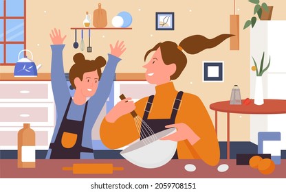 Mother and daughter cook together in kitchen vector illustration. Cartoon young woman parent in apron holding whisk and bowl to bake homemade cake with assistance of kid. Happy family time scene