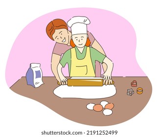 Mother and daughter cooking biscuits. Family time. Mom and girl. Parenting. Motherhood. Flat vector illustration.