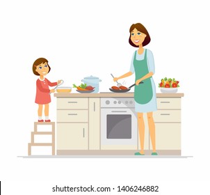 Mother and daughter cooking - cartoon people characters illustration on white background. Young parent frying cutlets and kid with a whisk, making dinner together in the kitchen. Happy family concept