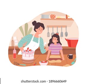 Mother and daughter cooking. Family time, happy woman and girl bake birthday cake vector concept