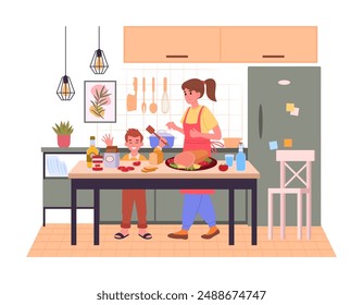 Madre con hija cocinando en casa. Preparación de comida casera, familia preparando comida en la Ilustración vectorial plana de la mesa de la casa. Cocinar con escena infantil