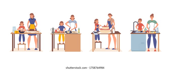 Mother daughter cooking in home kitchen set. Happy family homemade healthy food preparation. Daily life. Woman girl kneading dough, frying eggs, decorating cake, cutting vegetable for salad