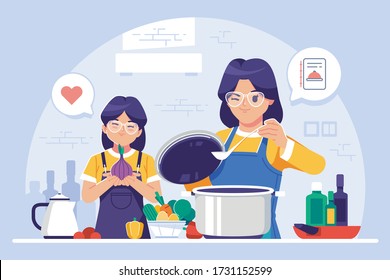 ilustración de cocina de madre e hija