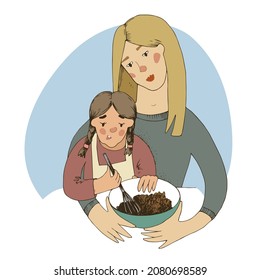 Mother and daughter cooking in kitchen