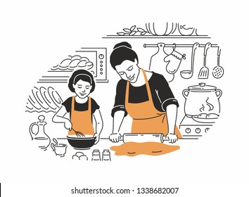 Cocina madre e hija - moderna ilustración vectorial en estilo de línea con acentos de color. Joven padre con un rodillo, haciendo masa, una chica con un whisky, preparando un pastel en la cocina