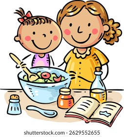 Mother and daughter cooking on kitchen. Cartoon family activities clipart. Parent actively spends time with child