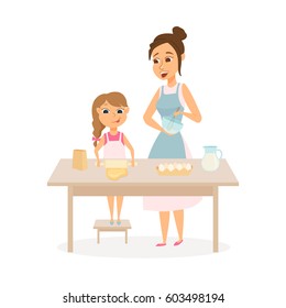 75 Happy family with mum and daughter cooking in kitchen vector cartoon ...