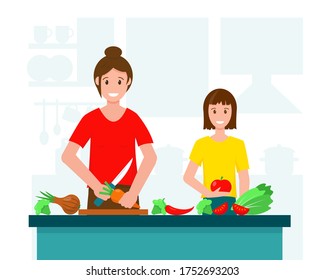 Ensalada de cocina de madre e hija en la cocina. Diseño de concepto familiar. Ilustración vectorial sobre fondo blanco.